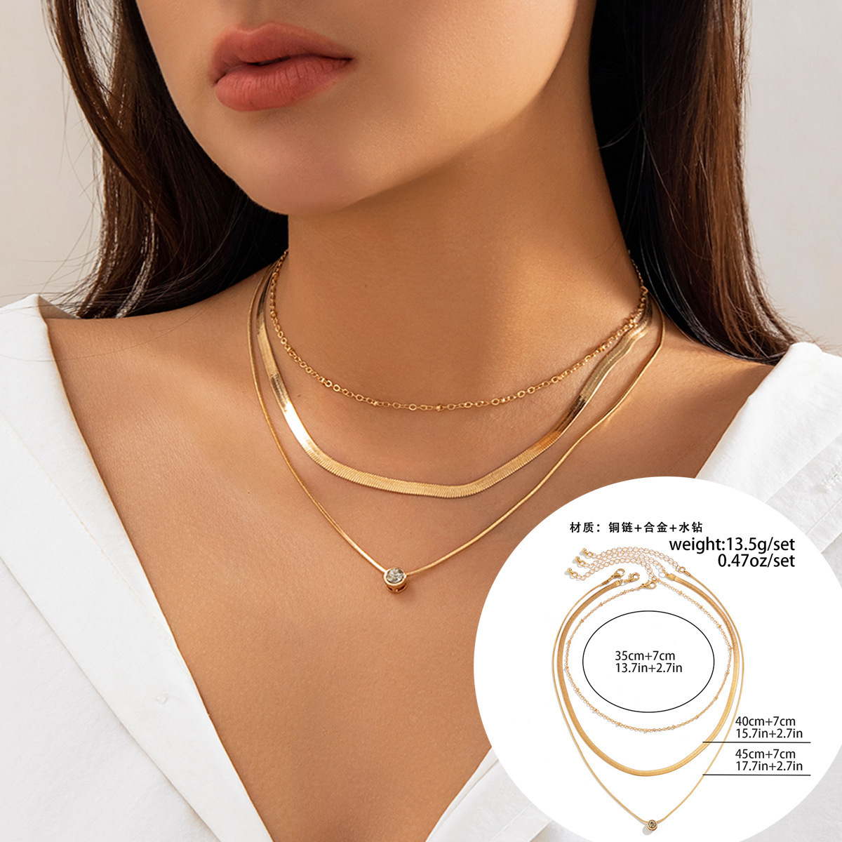 Snake Bone Chain Contrast Color Necklace for Women Rhinestone Multi-layer Heart Necklace