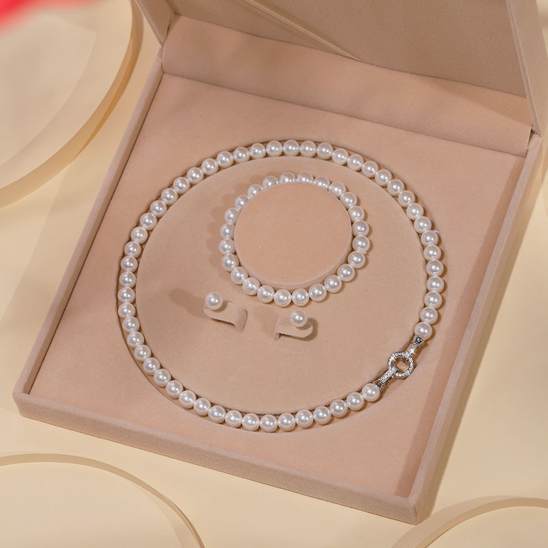 Natural Deep Sea Mother-of-Pearl Bead Pearl Necklace Clavicle Chain Jewelry Set for Women Three-Piece Mother's Day Gift