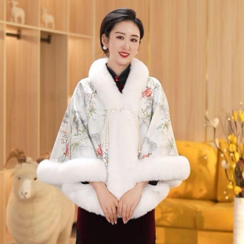 806# New Chinese Style Cheongsam Shawl Pearl Button Cape Thickened Season National Style Fur Collar Cape Shawl