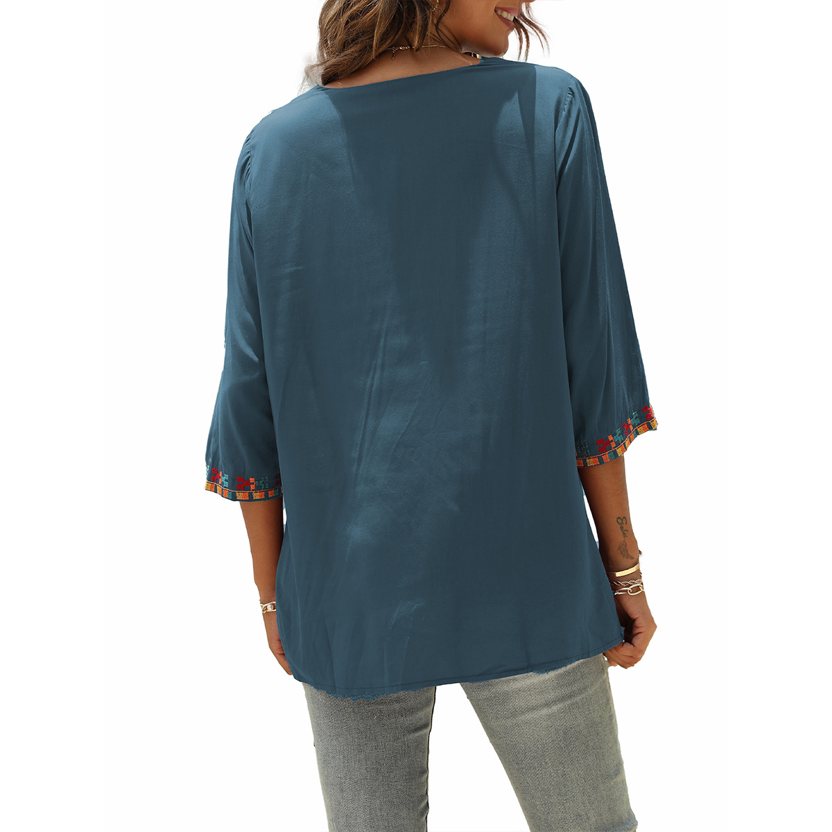 Women's heavy embroidery V-neck seven-point sleeve loose shirt #328
