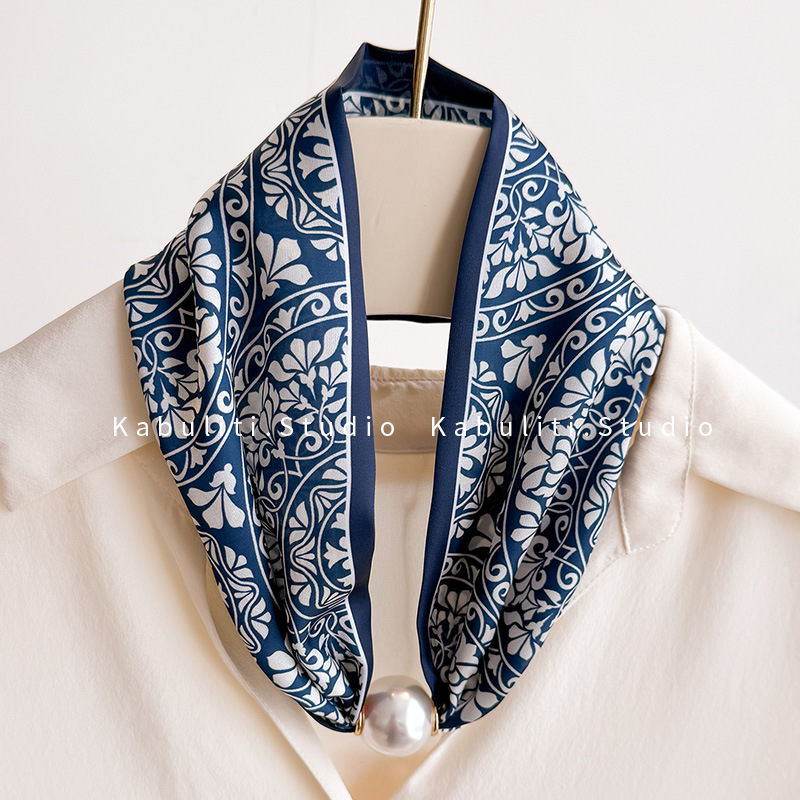 Magnetic buckle pearl necklace narrow small long strip silk scarf women neck protection mother matching shirt thin scarf