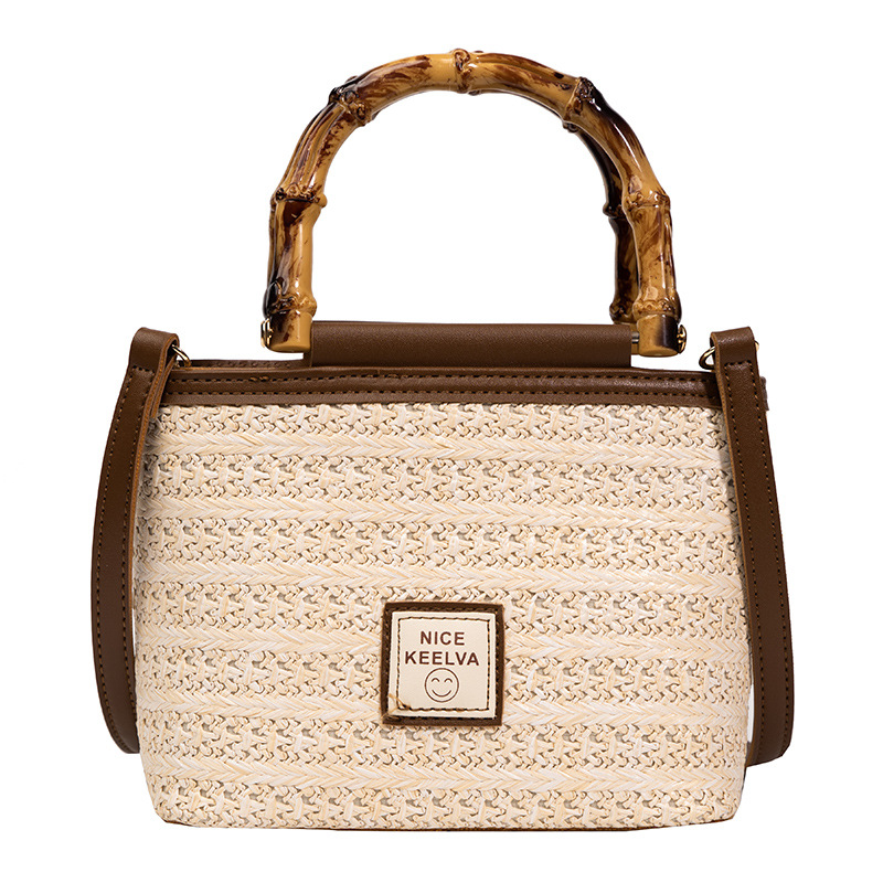2024 Summer New Textured Bamboo Handle Woven Bag Thailand Travel Vacation Crossbody Straw Bag