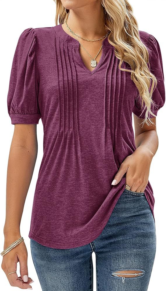 2026 Women's V-Neck Bubble Short Sleeve Pleated T-Shirt Women's Casual Top