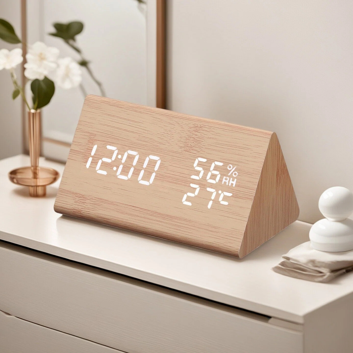 Nordic Wooden Alarm Clock Hygrometer Clock Multifunctional Silent Night Light Student Bedroom Bedside Wooden Clock