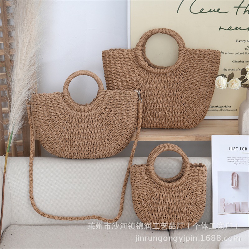 Small round bucket paper rope half-round bucket handbag, women's woven bag, beach bag, straw bag, vacation bag, straw woven bag, basket bag