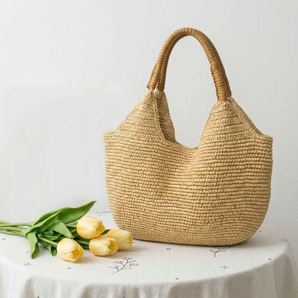 2026 New Straw Bag Handwoven Bag Large Capacity Single Shoulder Tote Bag Vacation Beach Bag Women's Bag