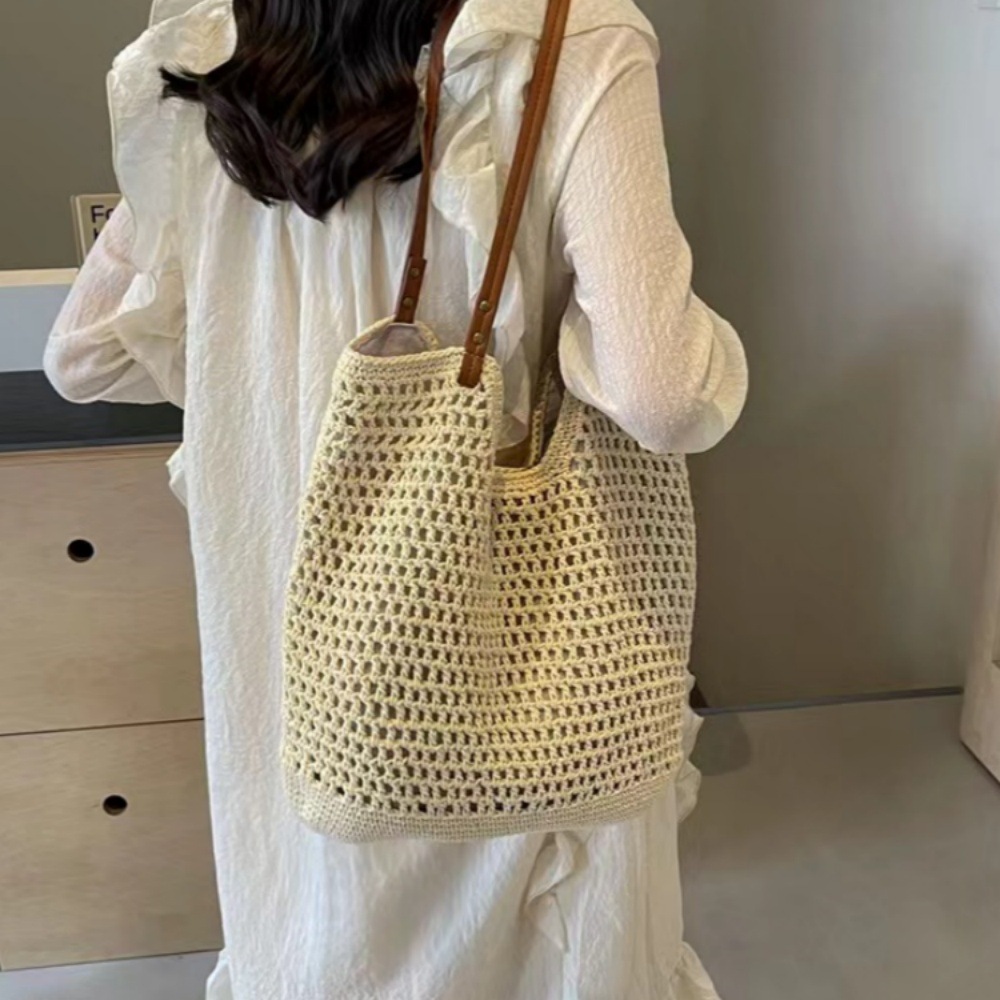 Cotton Thread Straw Bag Women's New Handwoven Large Capacity Single Shoulder Tote Bag Vacation Beach Bag