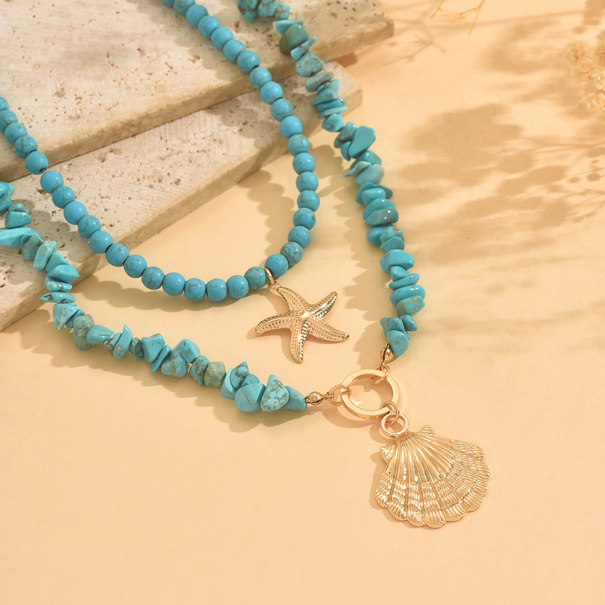 Accessories Ocean Style Shell Turquoise Multi-layer Necklace Beach Vacation Style Starfish Bead Necklace Set
