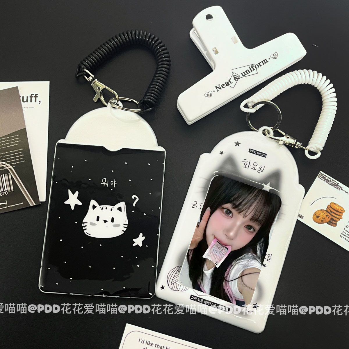 Black and white kitten 3-inch card sleeve PVC cute protective cover idol campus card meal card storage bright pendant