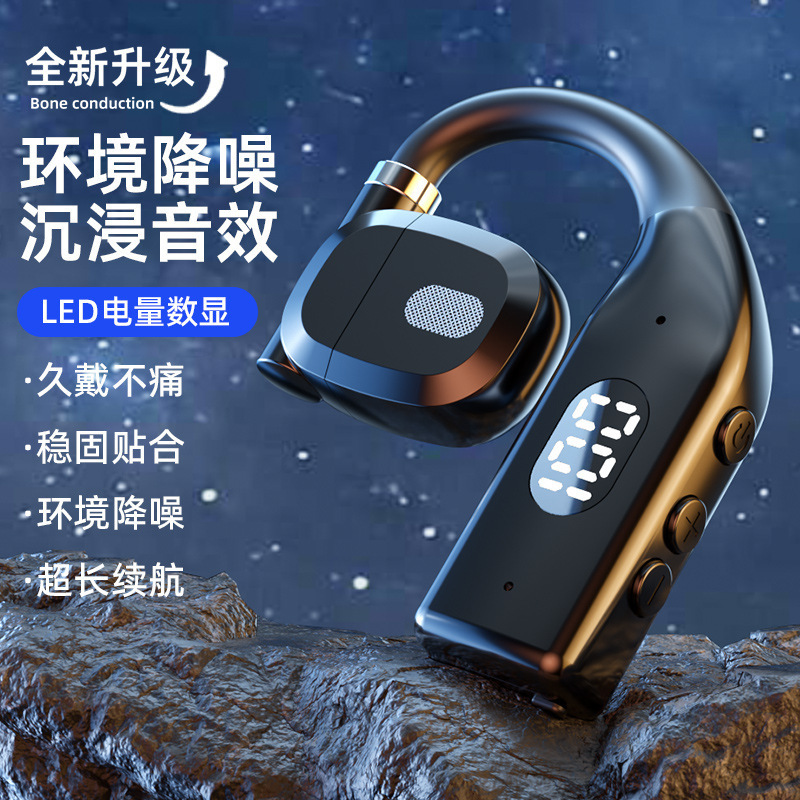 Single-ear open-ear Bluetooth earphones with screen, bone conduction wireless, ultra-long battery life, digital display, non-in-ear, clip-on style