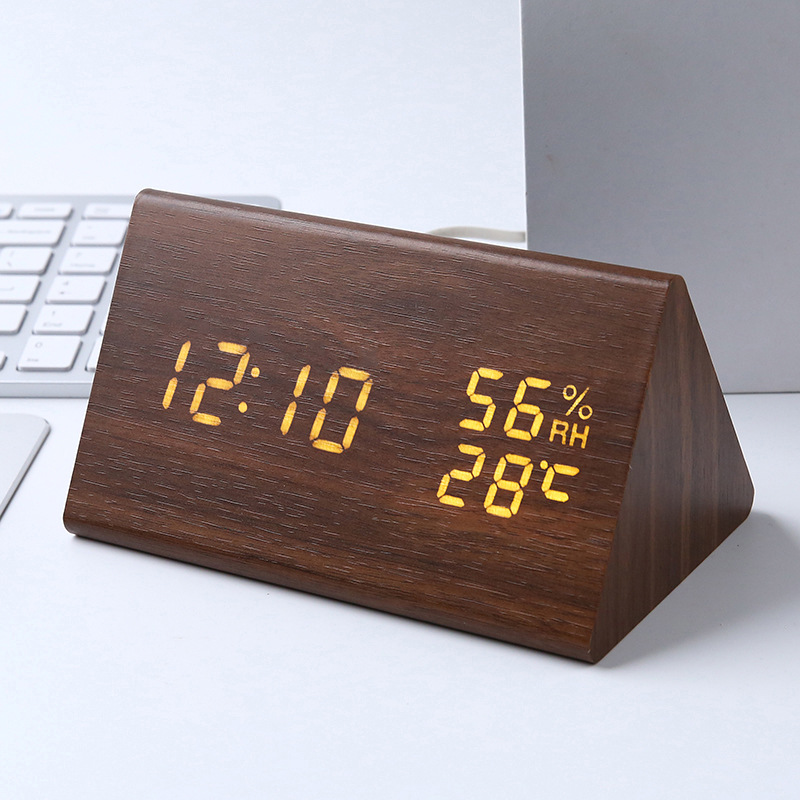 PVC Wooden Digital Alarm Clock Perpetual Calendar Temperature and Humidity Clock LED Triangular Electronic Clock Voice Control LED Wooden Clock