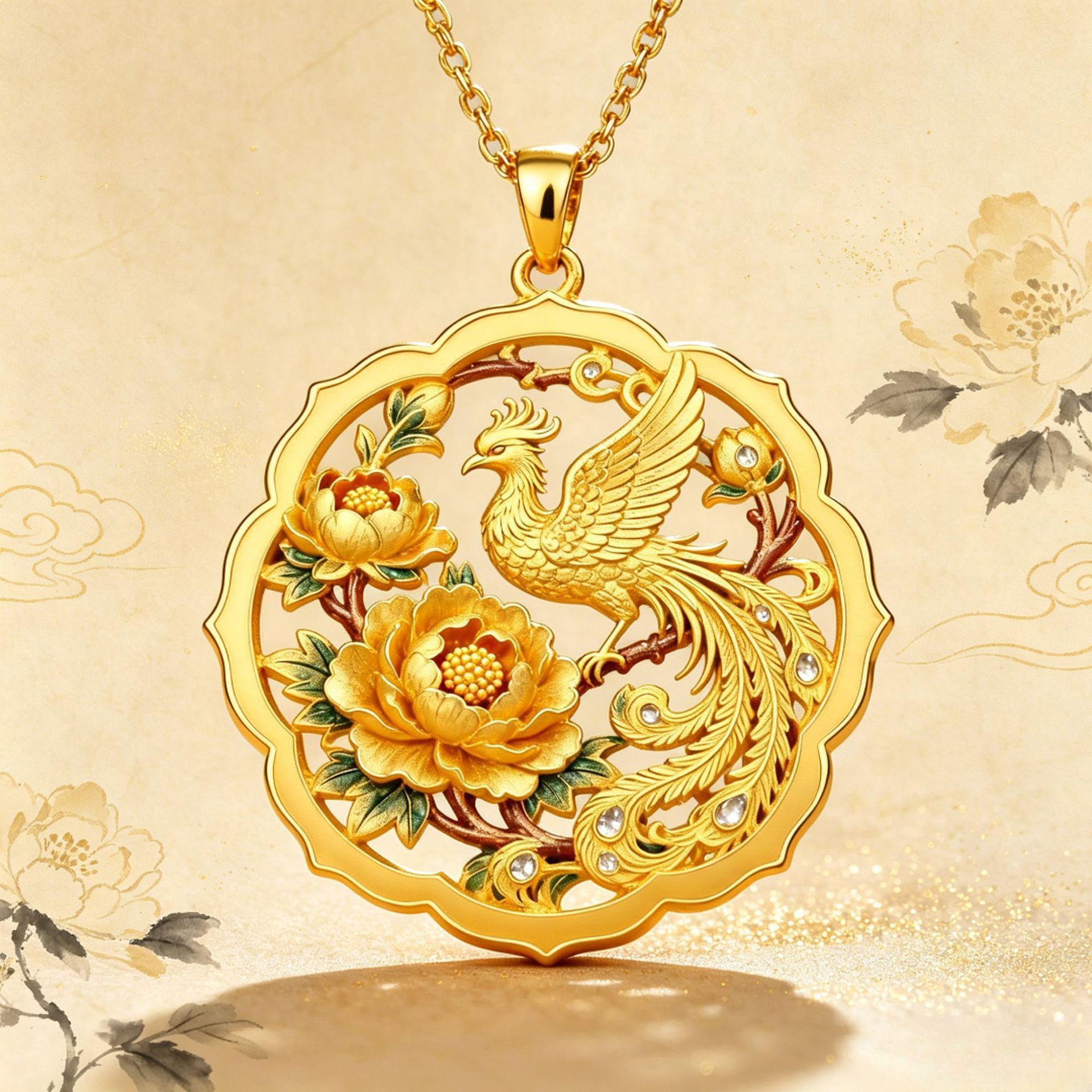 Peony phoenix auspicious gold necklace ancient style handmade phoenix pendant necklace cultural creative pendant phoenix necklace