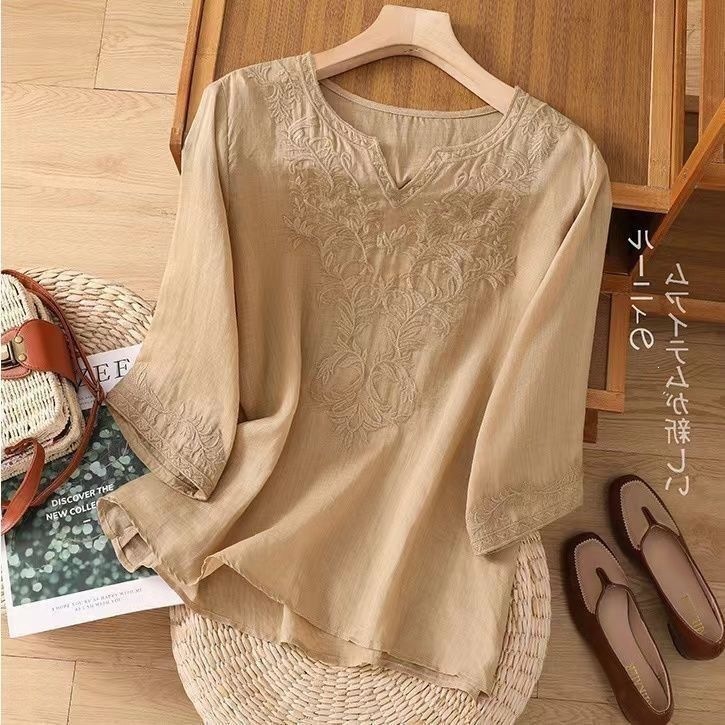 Spring summer new cotton-linen embroidered seven-point sleeve top women's loose round neck embroidered shirt