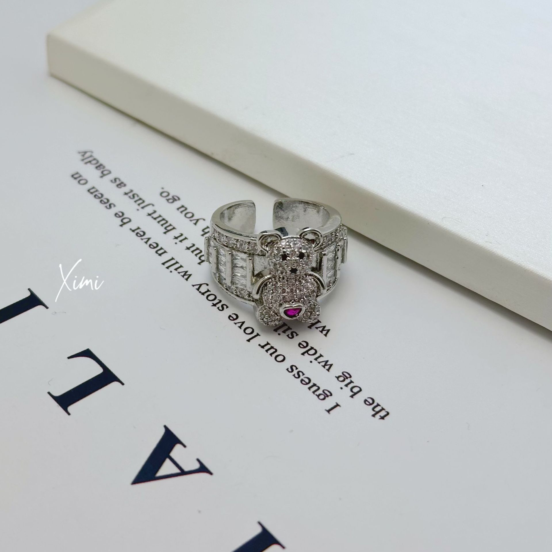 Cute Bear Copper Set Zirconia Women's Adjustable Ring Niche Design Open Band Index Finger Ring