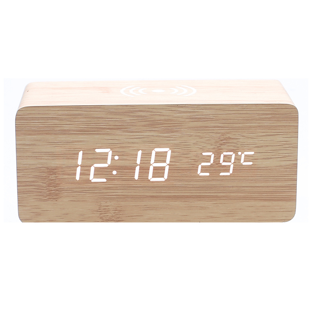 Smart LED wooden clock digital electronic alarm clock, charging clock bedside wireless charging digital wooden clock