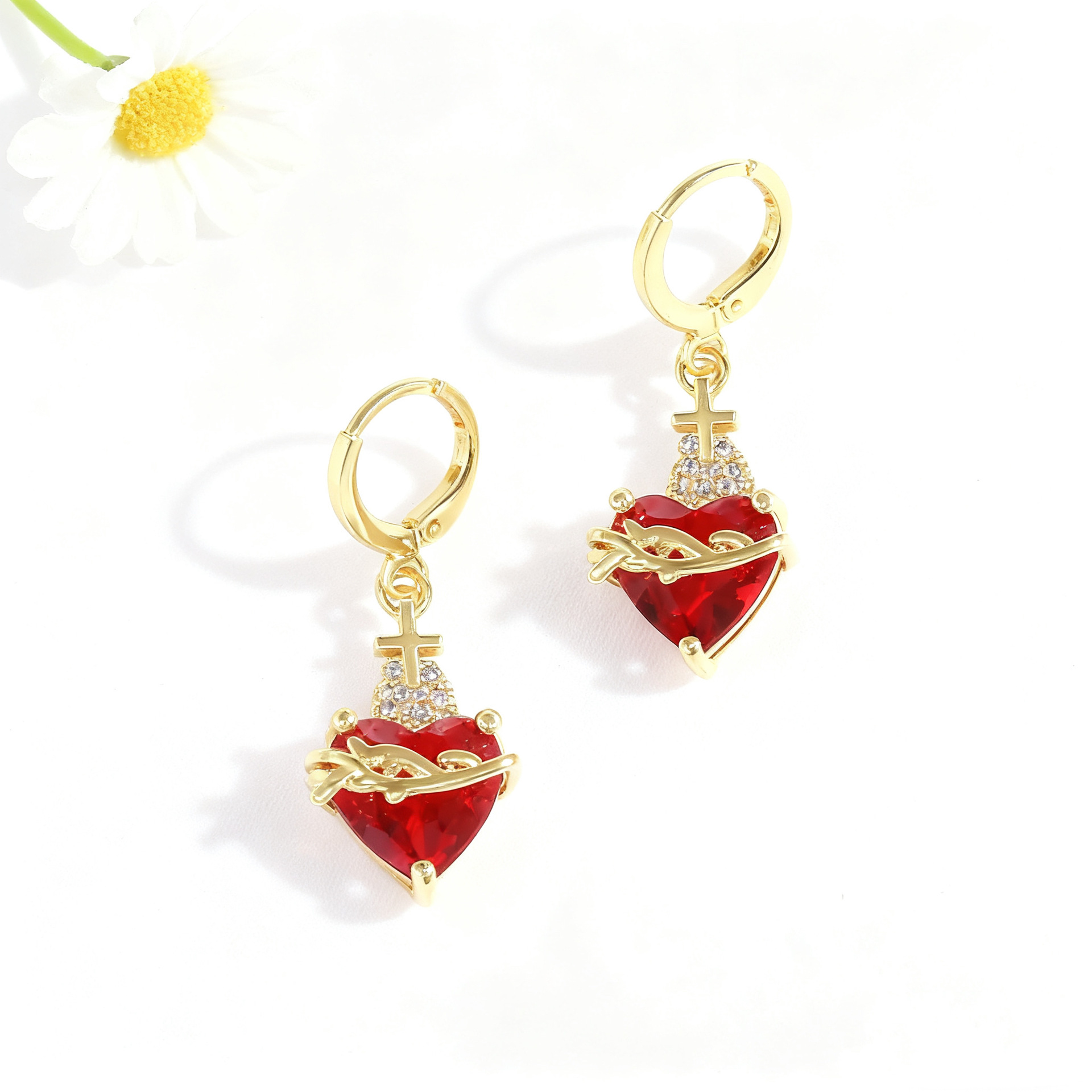 Copper plated red heart cross earring earrings sweet rose crown arrow through heart ear clip earring earrings jewelry