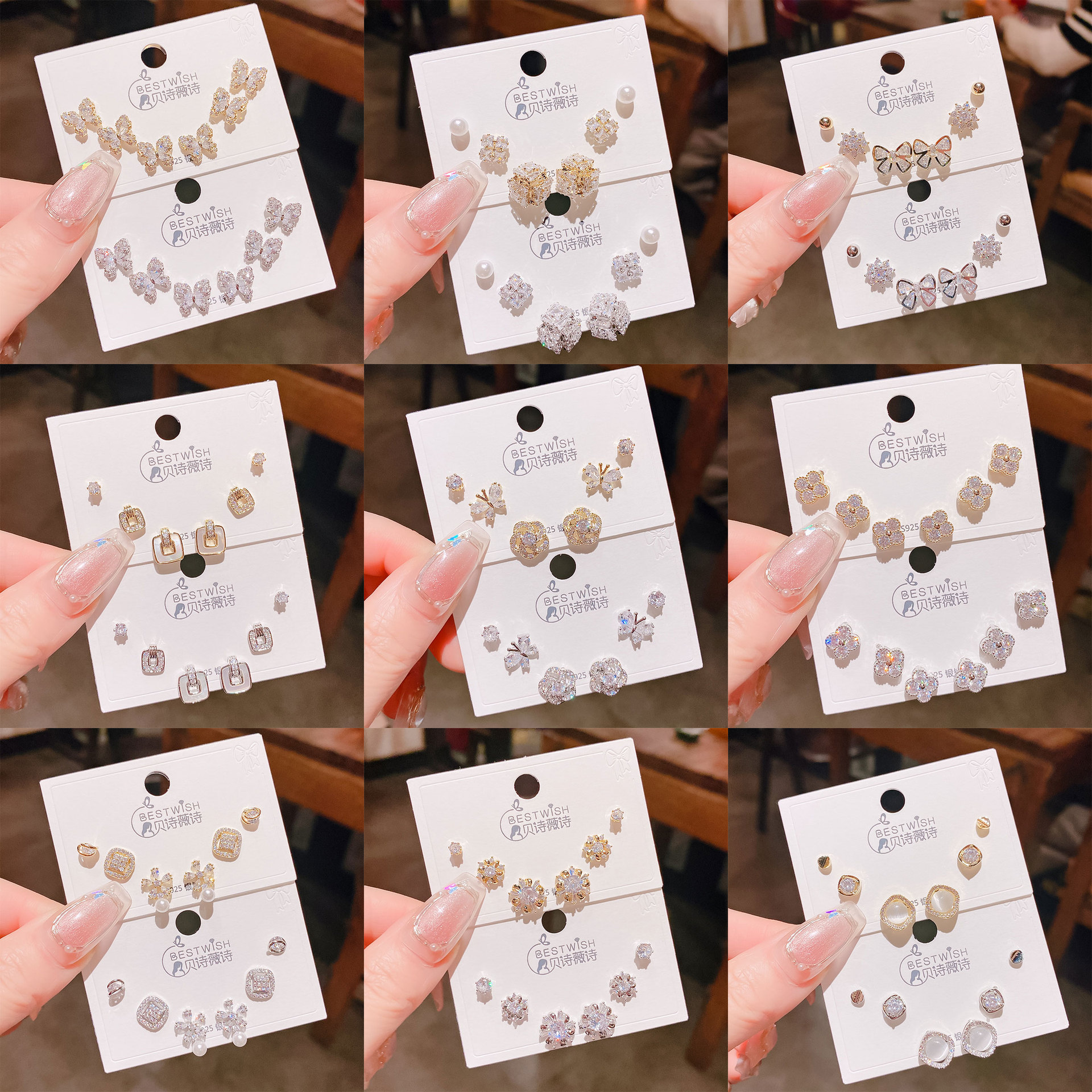 26th batch #1 copper gold-plated solid quality zircon three pairs of earrings, silver needle one card six-piece set