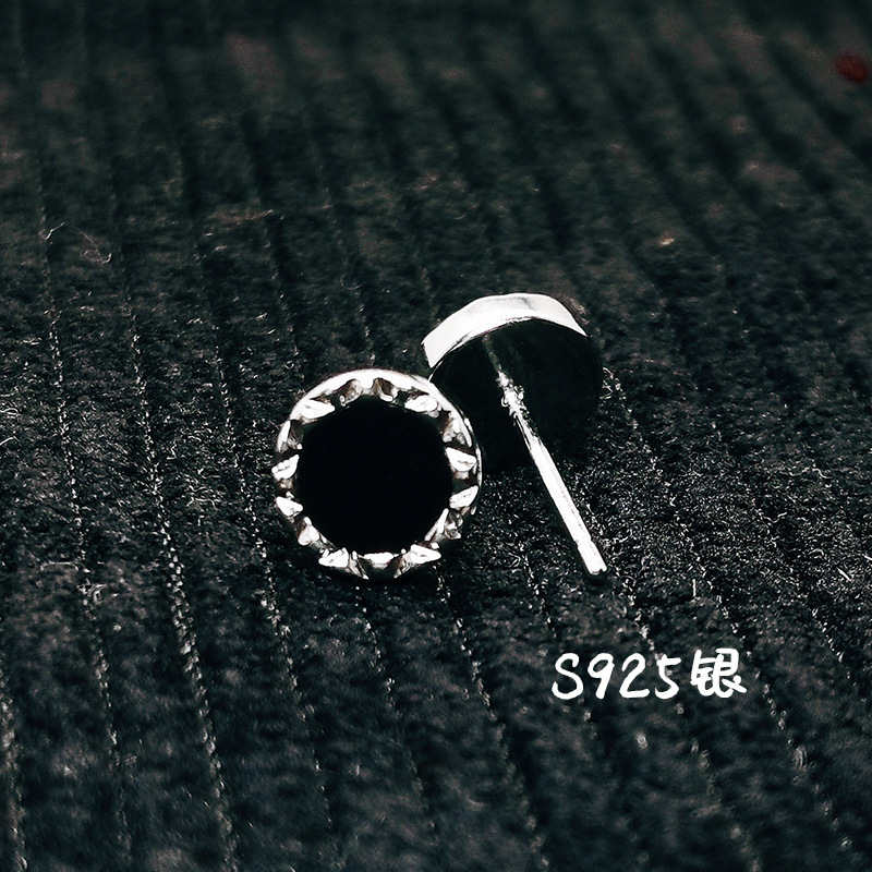 Silver plated earrings for men, natural black agate inlaid silver couple s925 silver feeling women's earrings