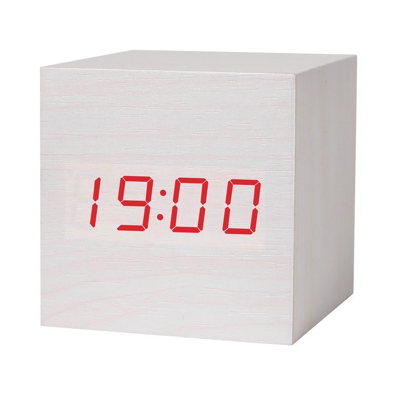 LED smart voice-controlled wooden clock, square compact digital display temperature and humidity electronic alarm clock, multi-color electronic clock