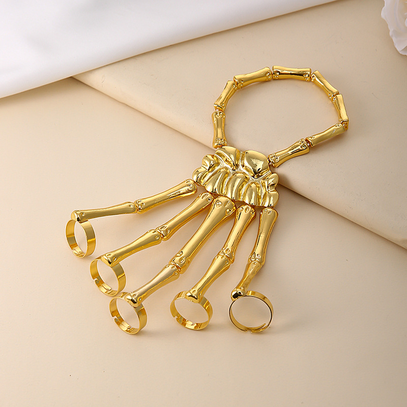 New Hand Accessory Punk Skull Hand Bone Five-Finger Ring Bracelet Adjustable Chain