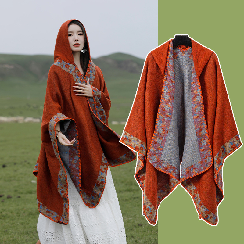Xinjiang Tibet Travel Photo Ethnic Style Shawl Grassland Hooded Scarf Cape Yunnan Outer Cardigan Cape Women