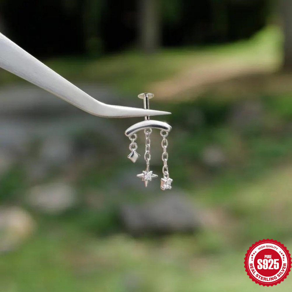 S925 sterling silver tassel eight-pointed star chain diamond-set ear stud piercing spiral accessories earrings