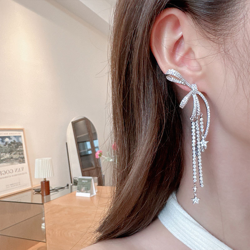Diamond-Inlaid Bow Tassel Earrings for Women Long Earrings Exaggerated Heavy Craft Earrings