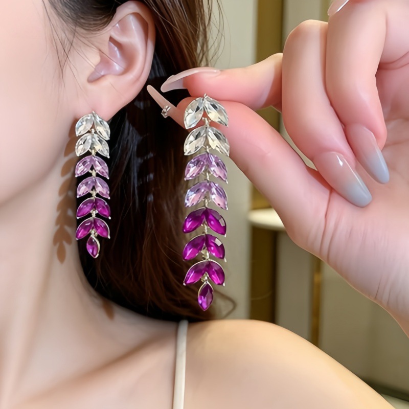 Gradient rhinestone leaf necklace earrings long tassel ear drop niche commuting new