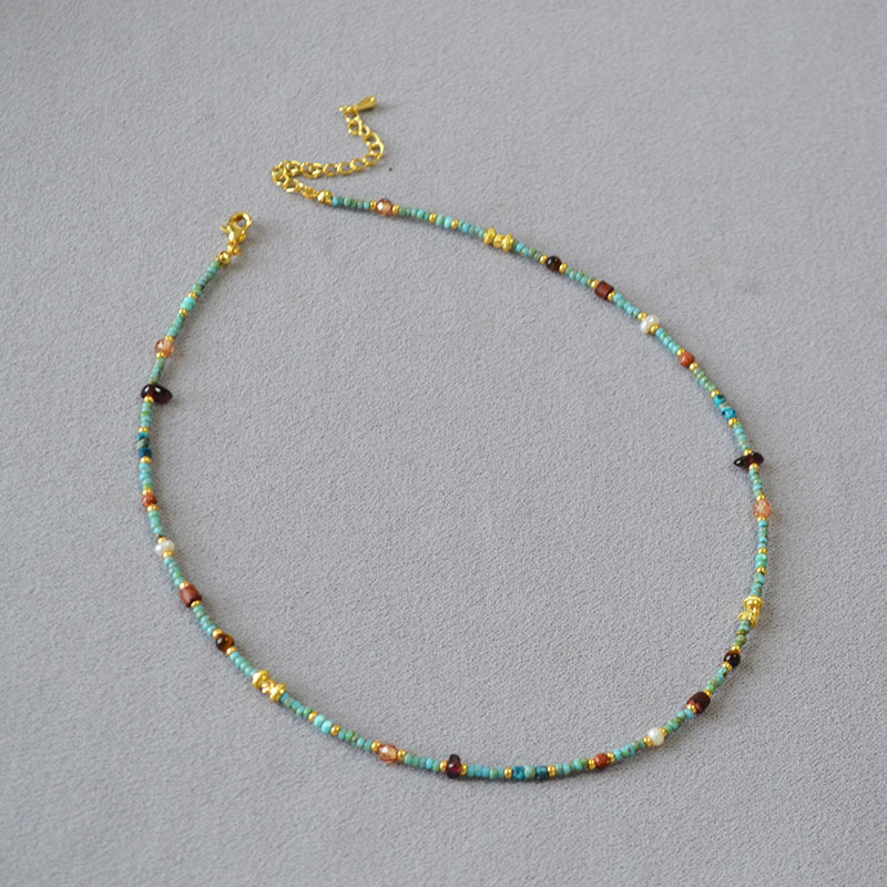Turquoise seed bead string multi-colored gemstone simple bohemian necklace锁骨链