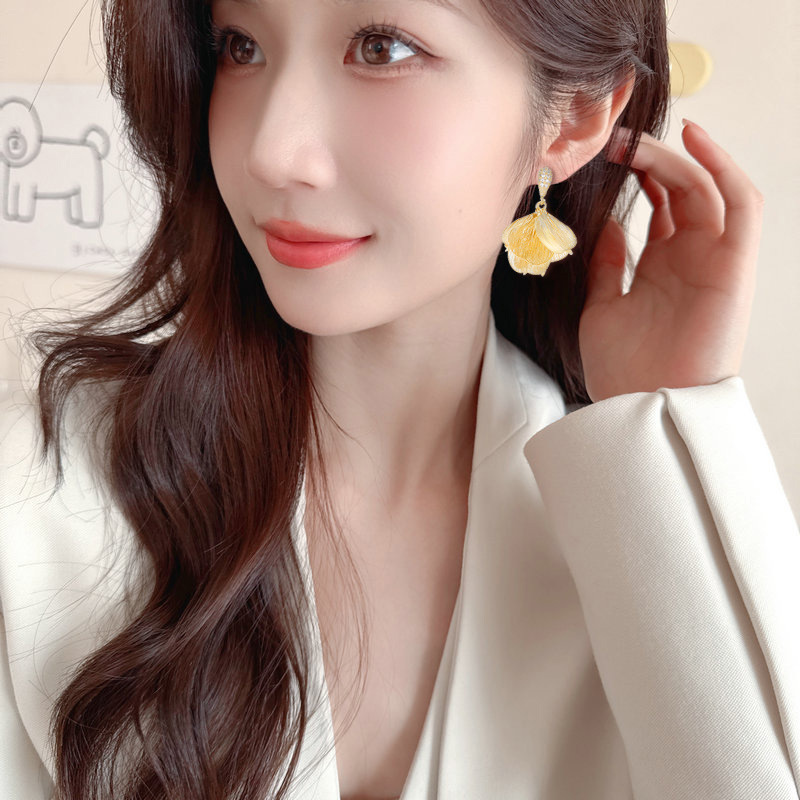 s925 Silver Needle Super Fairy Wire-Drawn Large Petal Zircon Earrings Back-Hanging Earrings