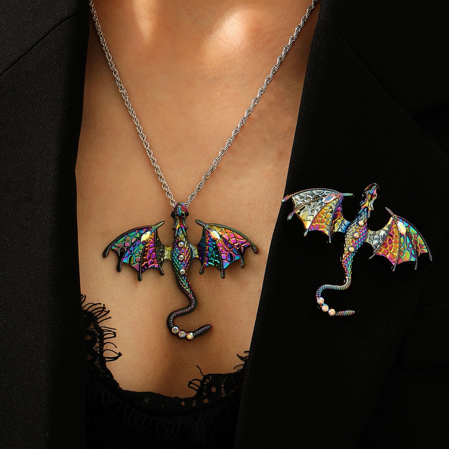 Colorful Enamel Dragon Brooch Women Flying Dragon Men Suit Pin Accessory Necklace