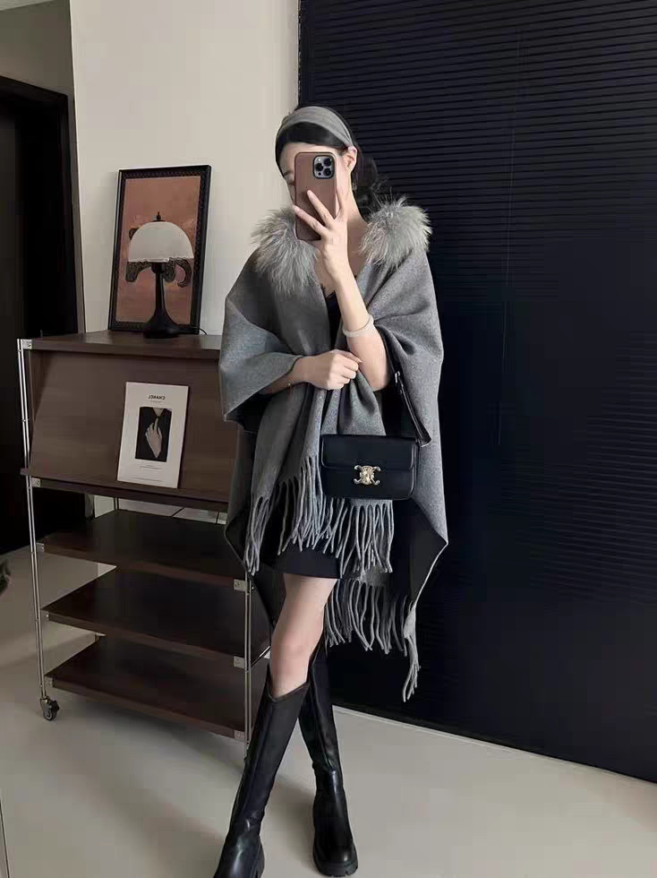 Autumn Winter Gentle Style Fur Collar Tassel Shawl Women Autumn Winter Warm Cape Coat 062#