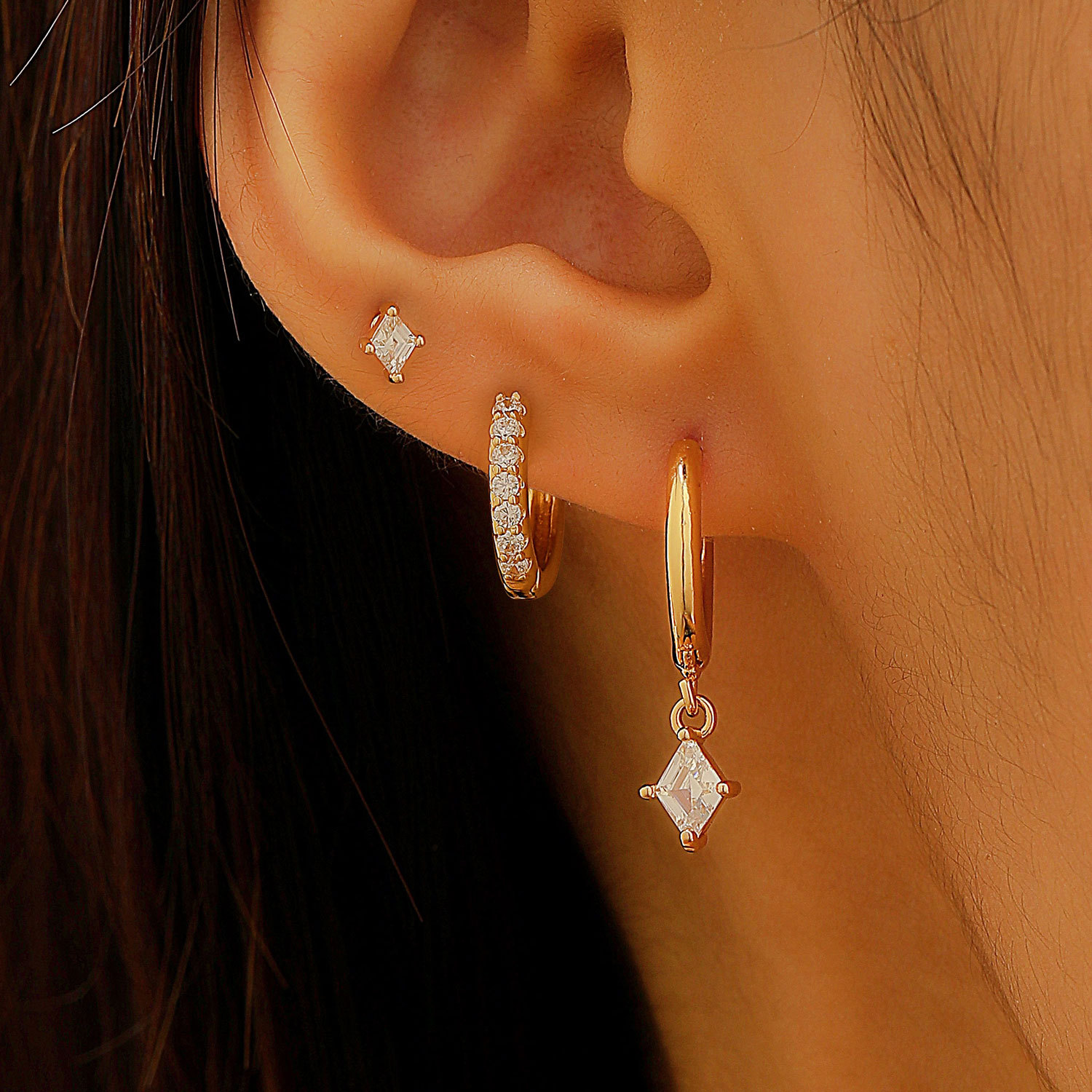 Star Moon Asymmetrical Earring Three-Piece Set Zircon Ear Stud Ear Cuff