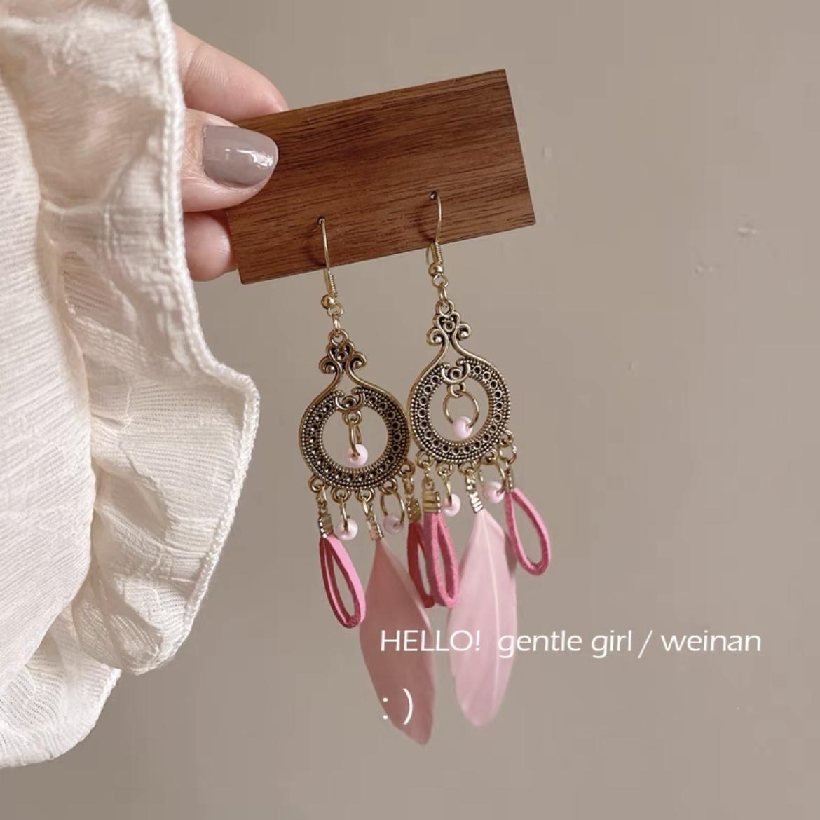 Super fairy tassel ear hooks summer ethnic style Bohemian s925 silver earrings no ear hole ear cuffs feather earrings women