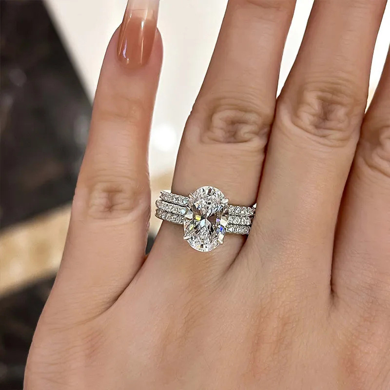 Cao Shi Luxurious Three-Piece Ring Set Wedding Engagement Geometric Jewelry Ring Super Shiny Ring