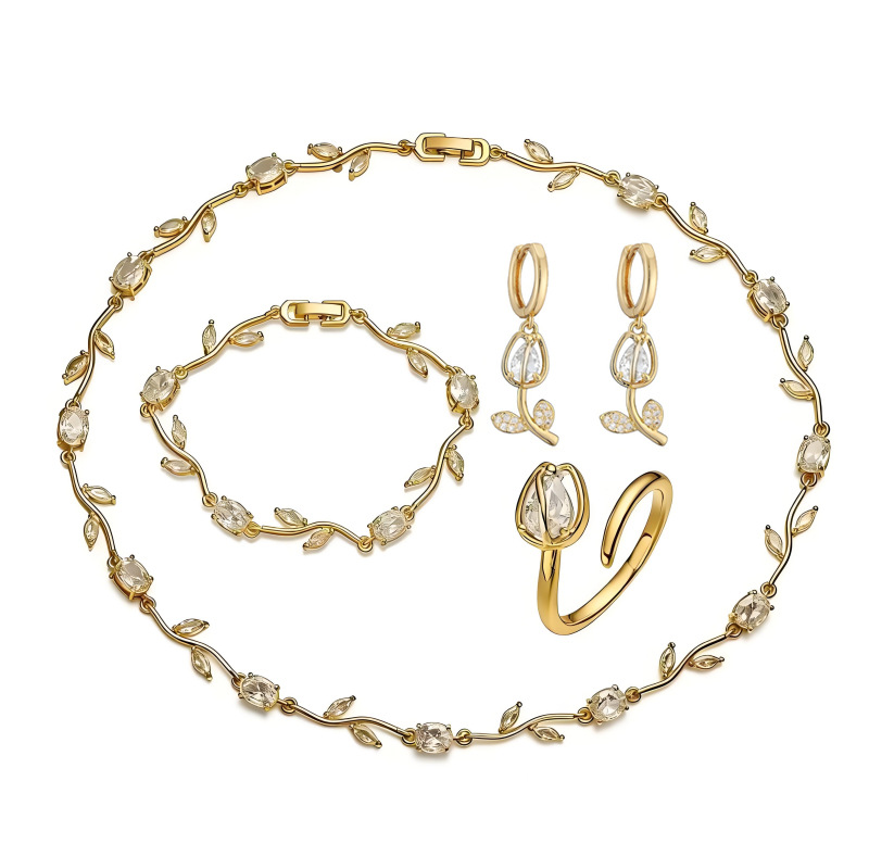 Copper Inlaid Colorful Diamond Tulip Bracelet, Necklace Unique Super Shiny Branch and Flower Jewelry Set