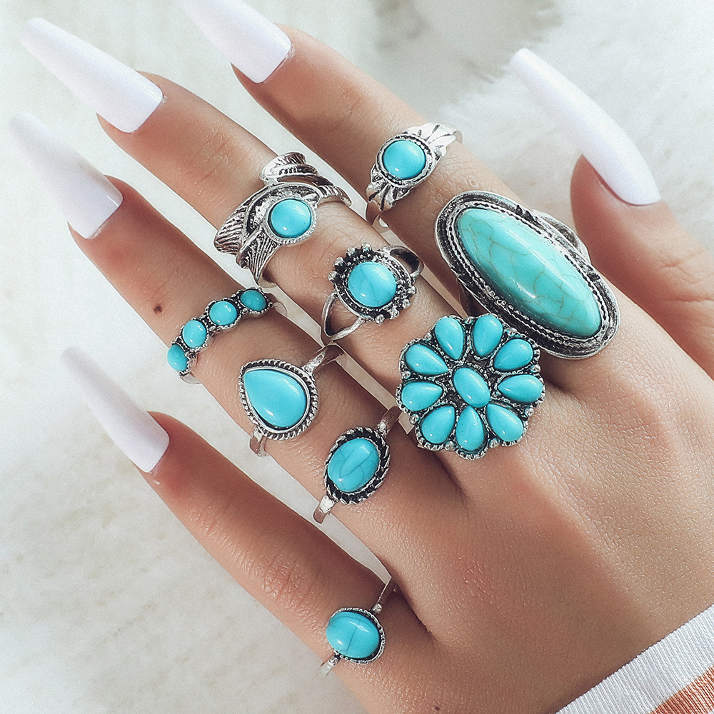 New Ring Bohemian Feather Turquoise Hollow 9-Piece Set Ring