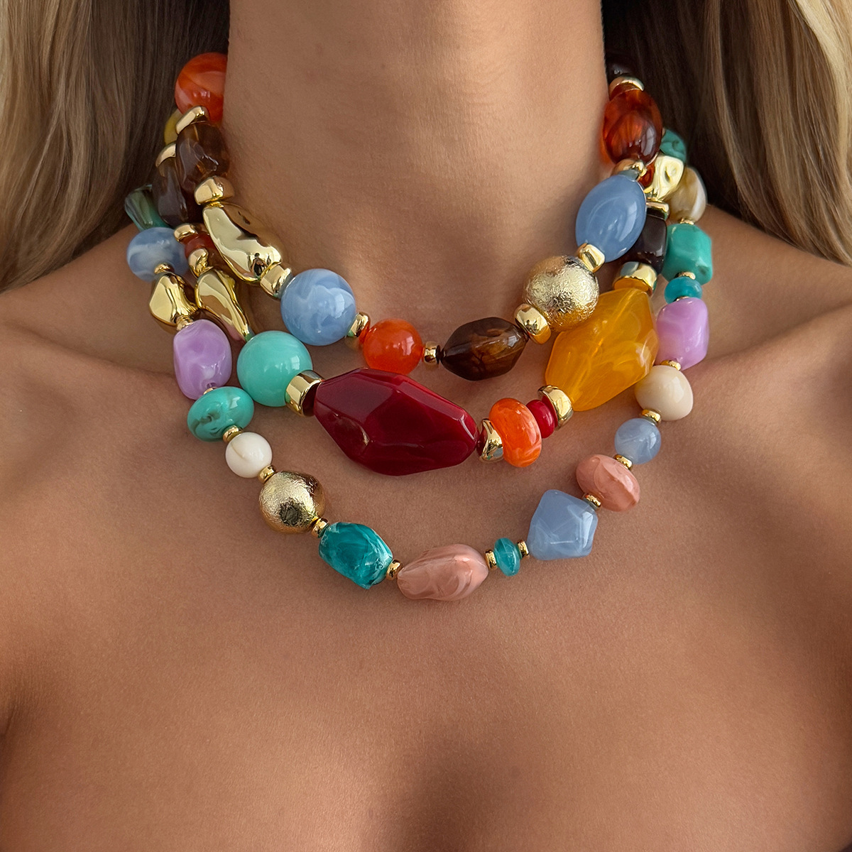 Bohemian colorful resin beaded necklace irregular CCB beads layered neck ornament