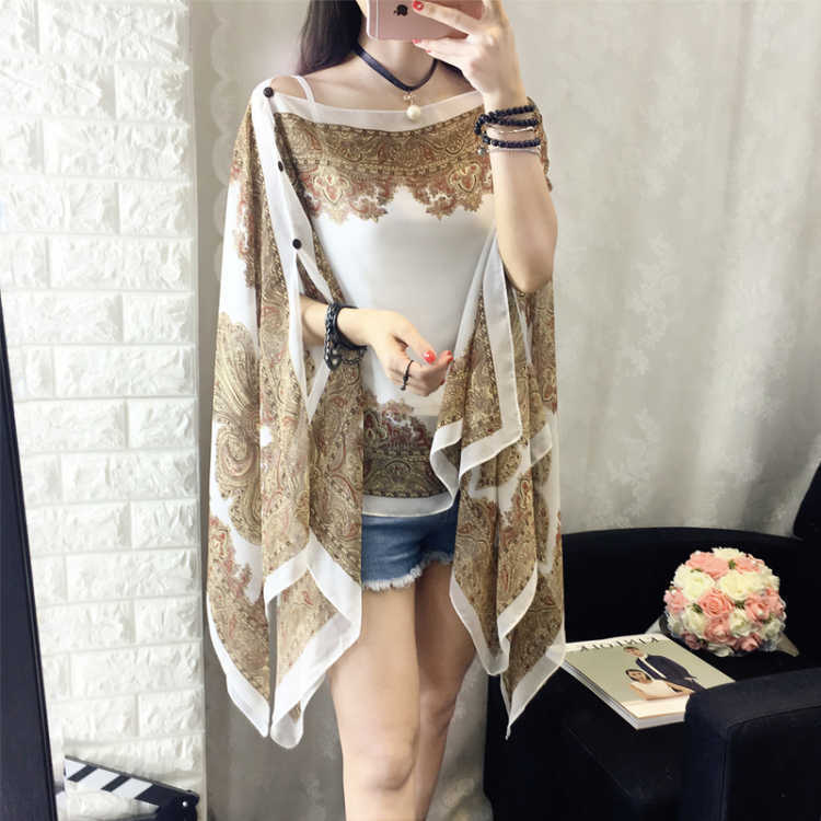Sanya Beach Cape Shawl Sun Protection Clothing Women Summer Thin Off-Shoulder Chiffon Shirt Print Outerwear Shawl
