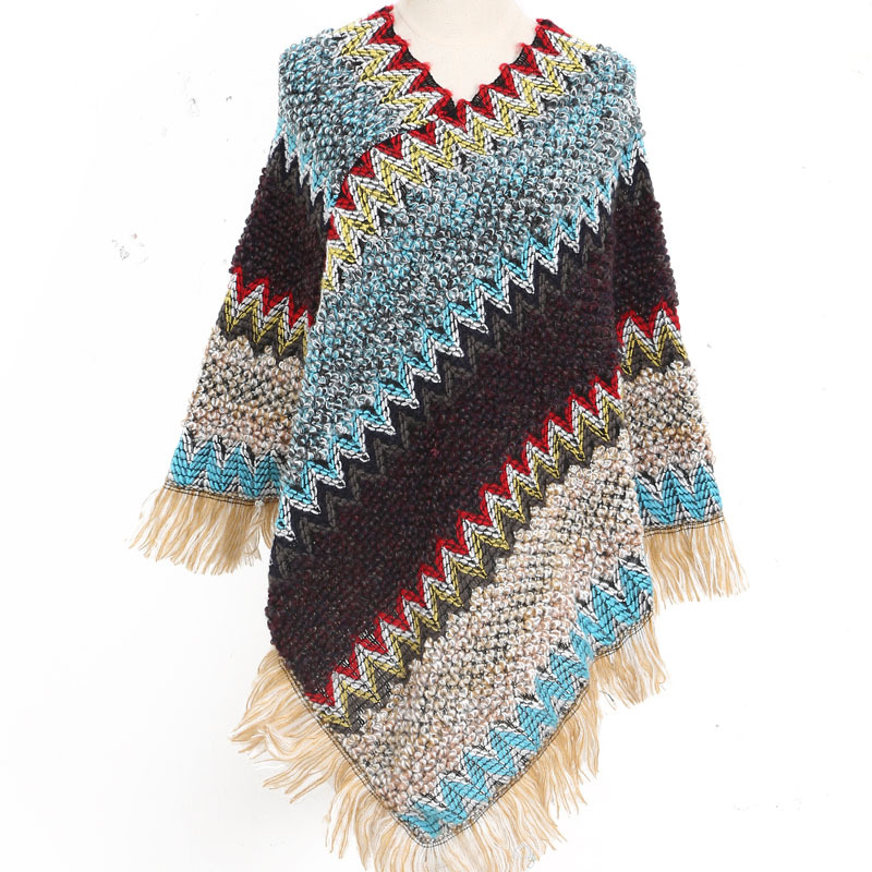 Colorful Ethnic Style Pullover Cape Women Poncho Acrylic Women Knit Cape Warm Autumn Winter Shawl