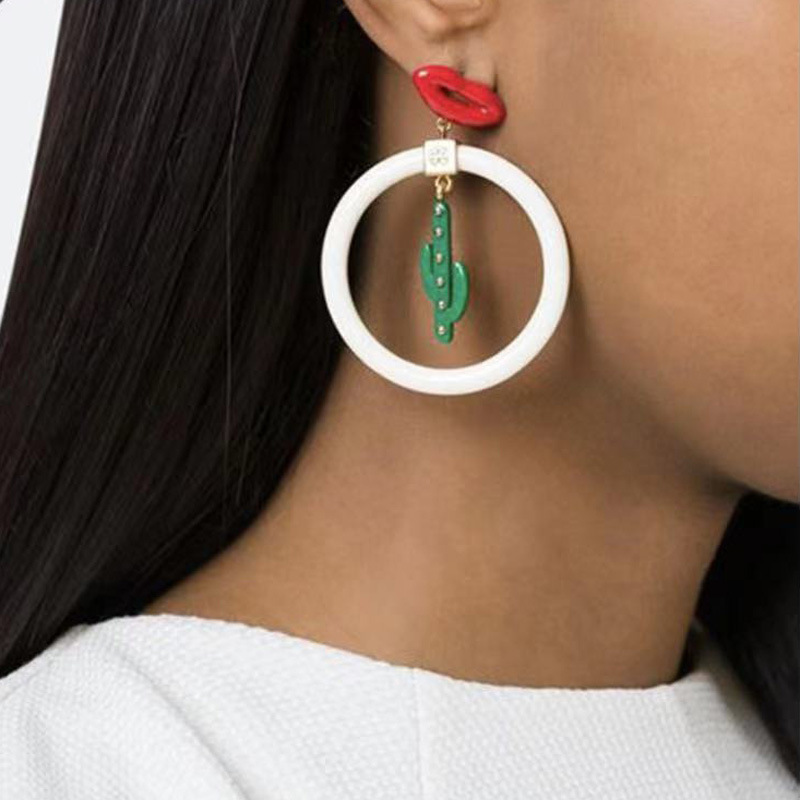 Enamel red lips green resin cactus white large hoop ear studs earrings earrings