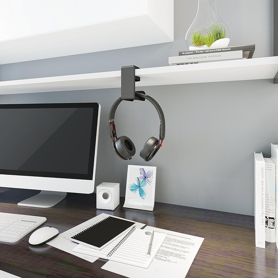 Gaming headset headphone hook stand with adjustable rotating arm clip, under-desk design