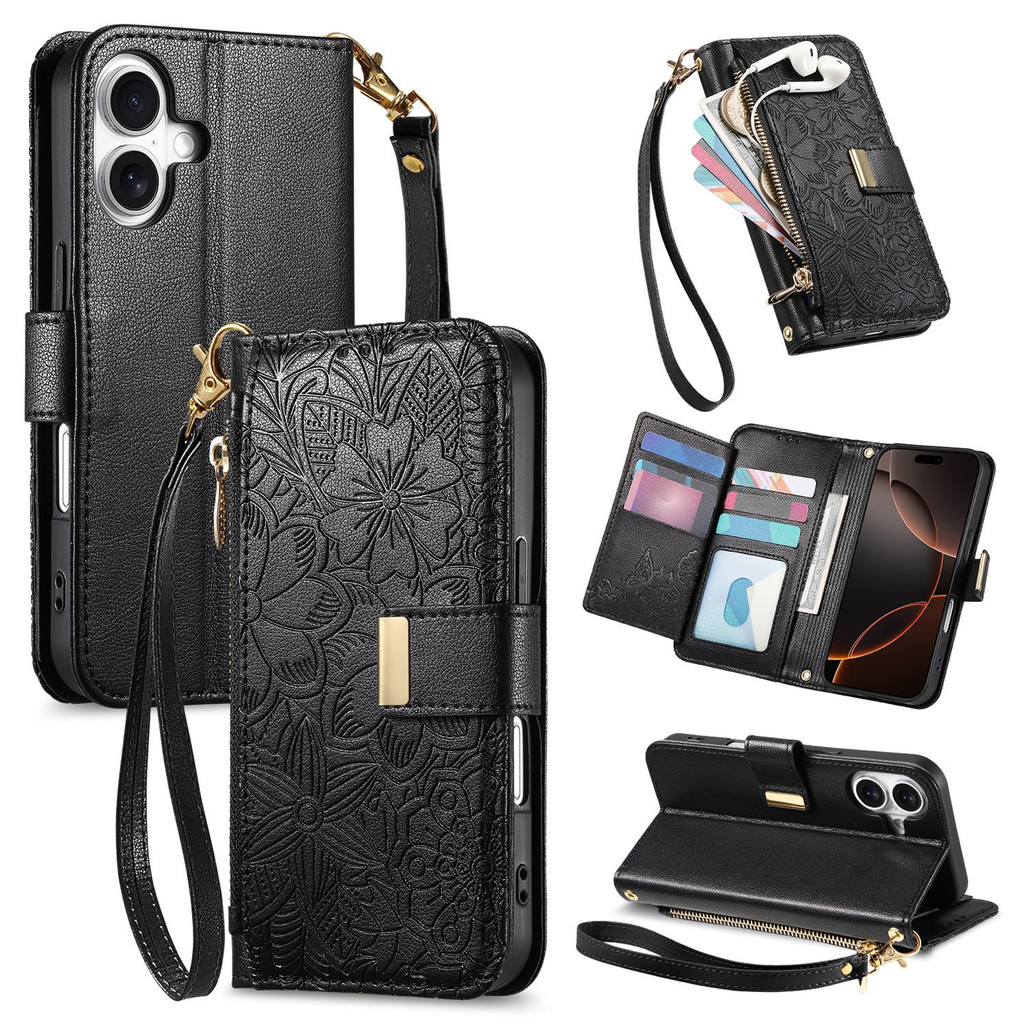 Elegant for iPhone18 flip phone leather case Apple 18 phone case flower and leaf 16 wallet 15 case