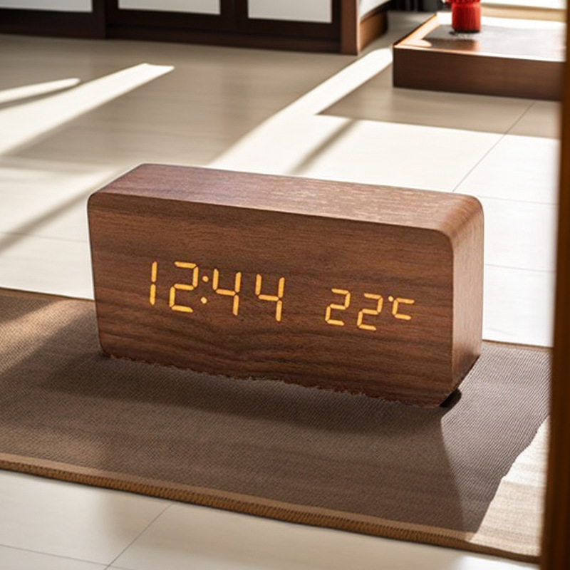 Nordic LED wooden clock, wood grain clock, silent night light living room bedroom bedside digital alarm clock