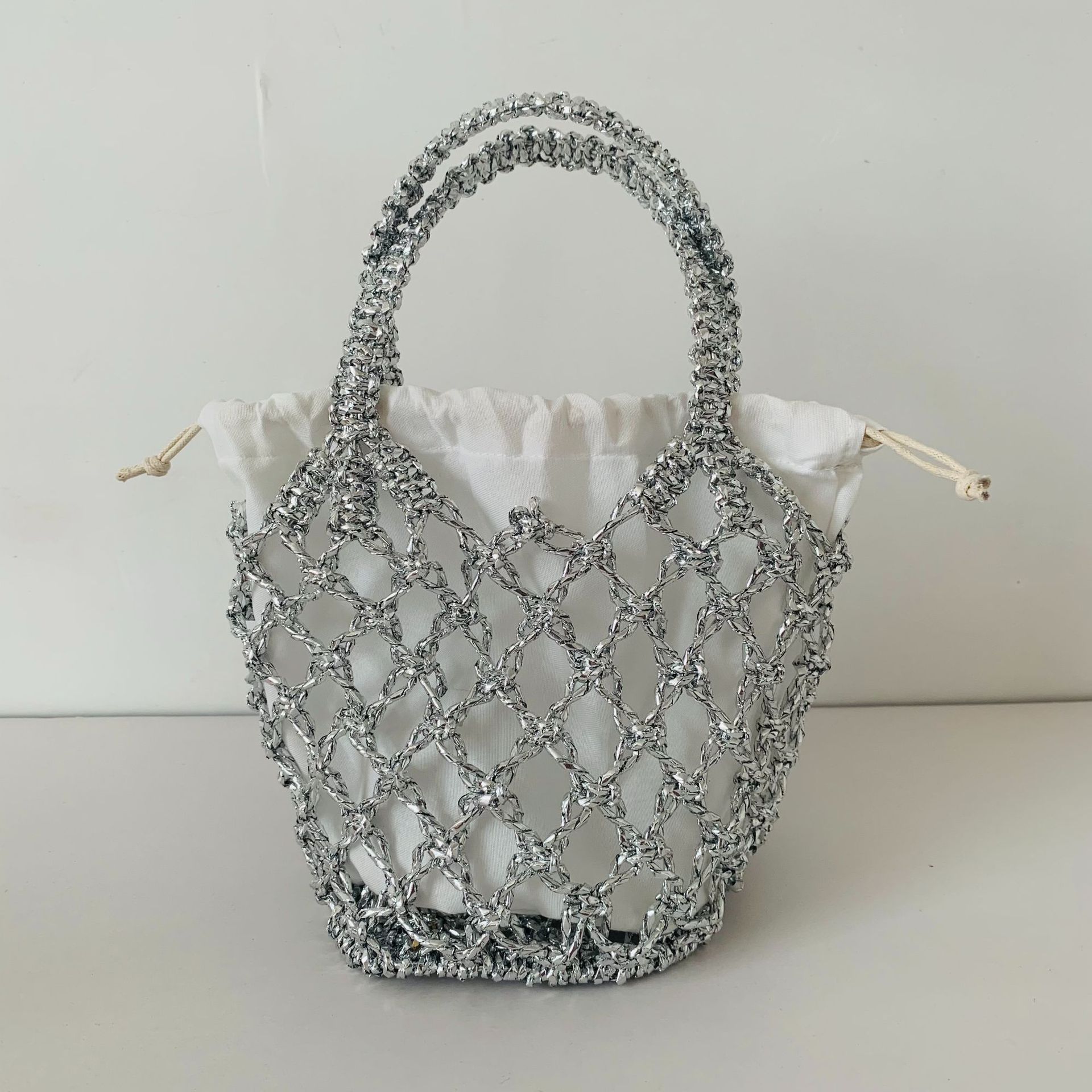 Gold and silver thread hollow mesh women's woven bag, forest style handbag, beach bag, hollow woven handbag