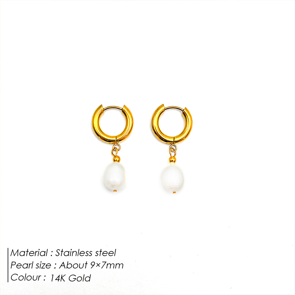 eManco 14K Gold Plated Freshwater Pearl Ear Hoop Women's Party Earrings Stainless Steel Accessories Jewelry