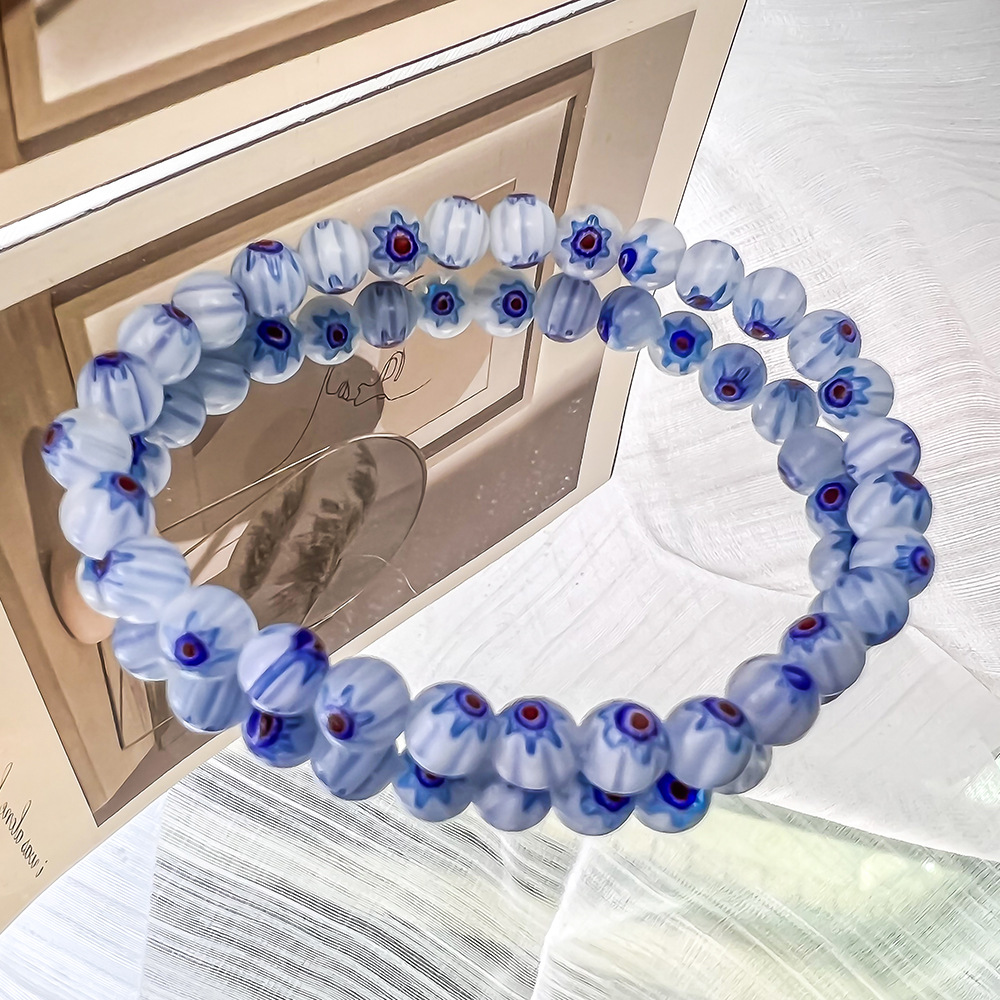 Dopamine-Style Handcrafted Glass Bead Stretch Bracelet with Daisy Pattern for Women—Layered Bracelet Set