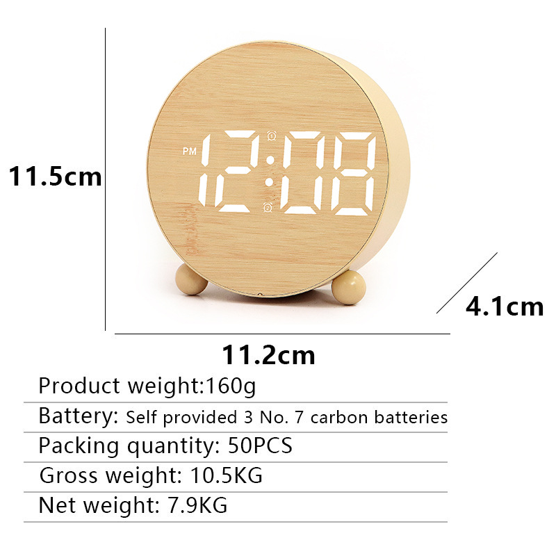 Round LED clock cloth student electronic clock living room use super loud wood grain children electronic alarm clock