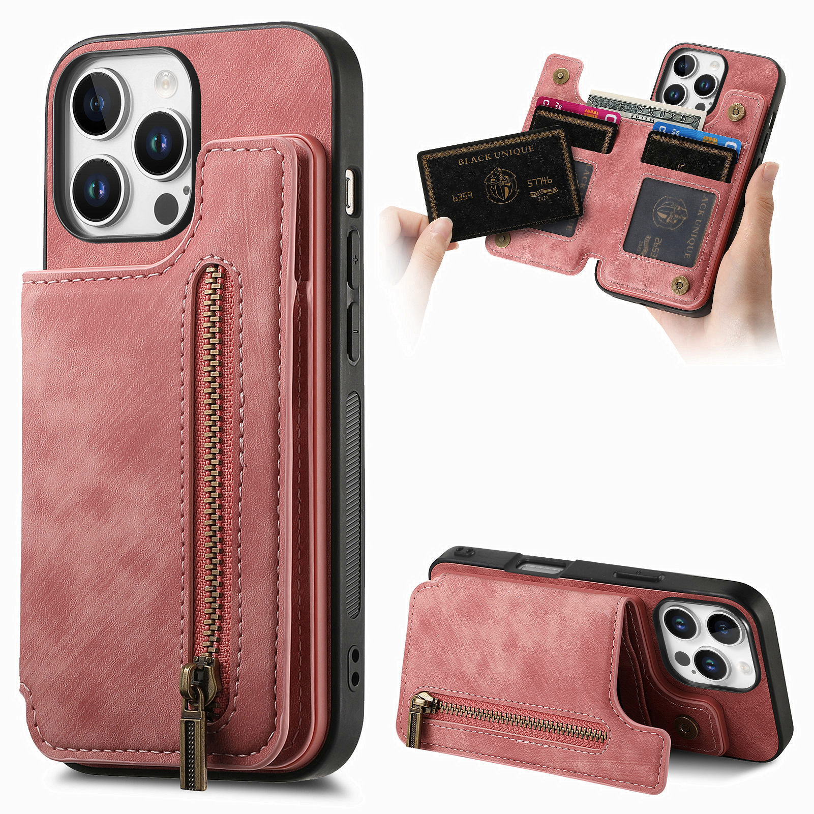 For Apple 18pro phone case left-right flip card holder iphone18 zipper card slot anti-drop leather case