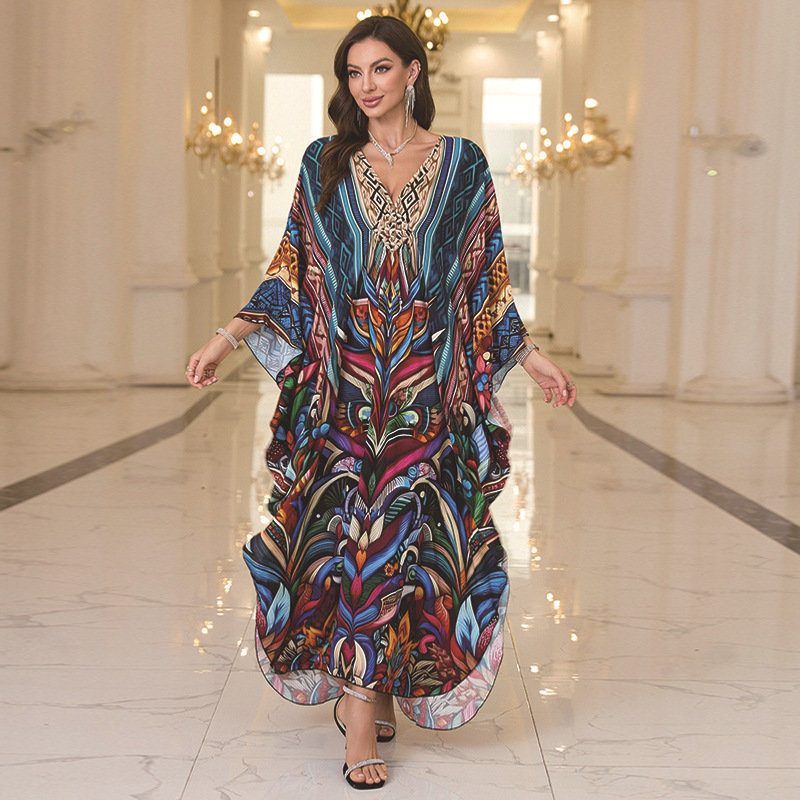 New Cotton Position Print Vacation Beach Long Dress Women Loose Long Dress Bikini Cover Up Sun Protection
